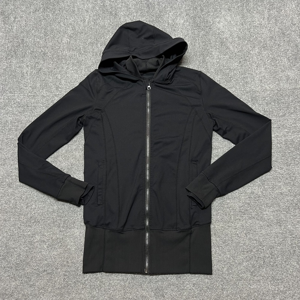 Lululemon Jacket Womens S Black Hooded Track Full Zip Thumbholes Pockets Slim